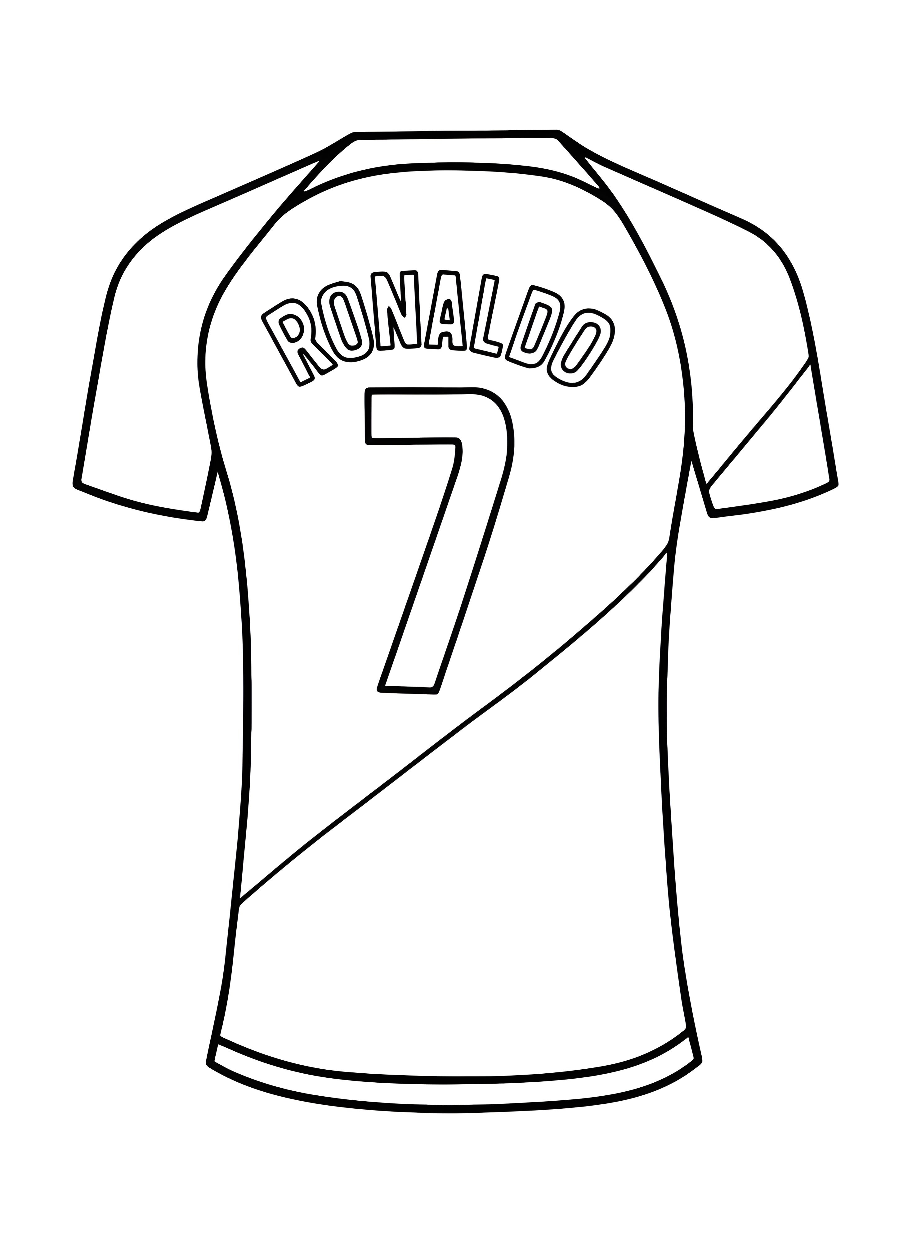 Gambar mewarnai jersey Cristiano Ronaldo dari belakang, dengan nama Ronaldo dan nomor 7 besar, tanpa sosok pemain.
