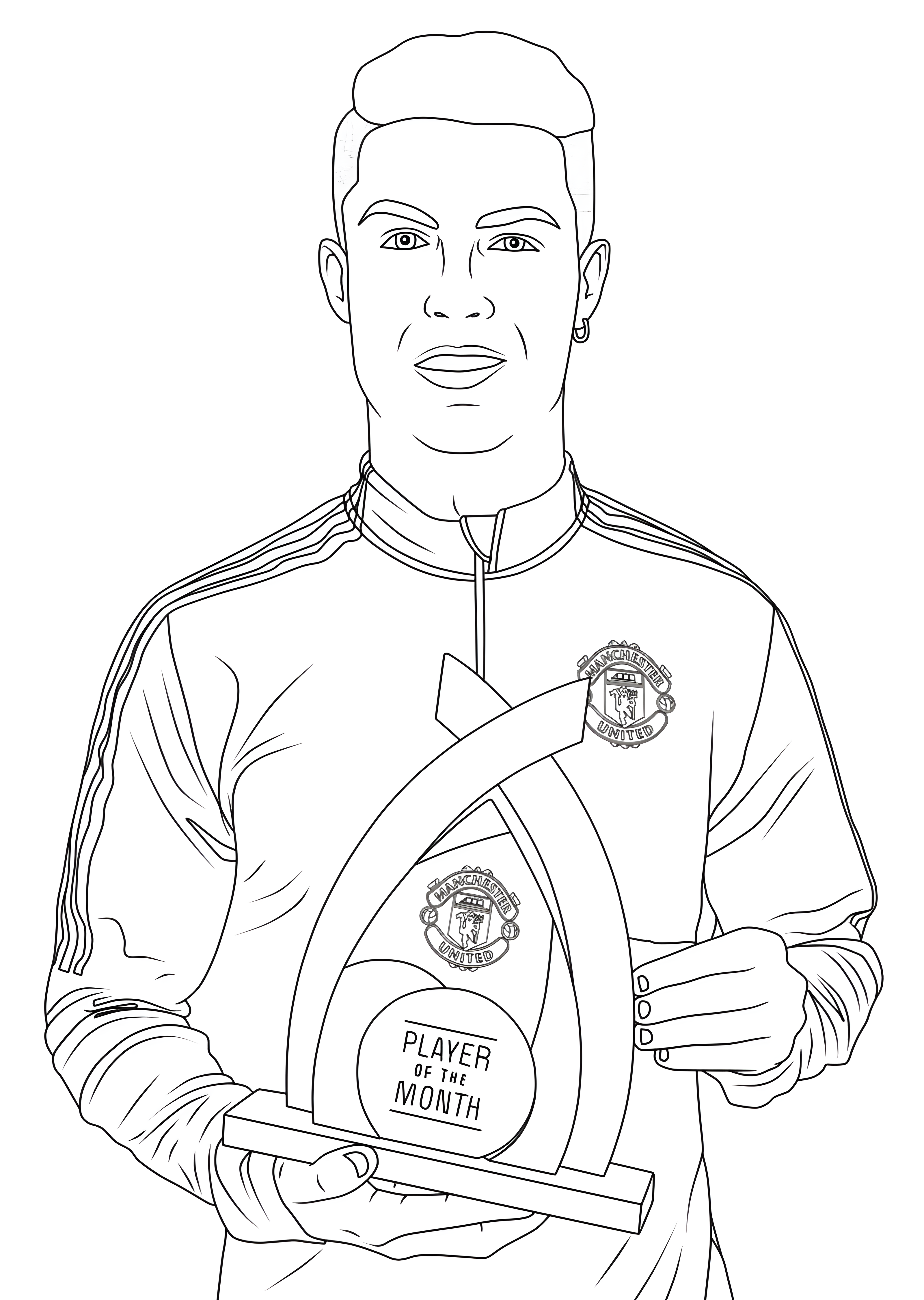Cristiano Ronaldo memegang trofi Player of the Month dengan jaket Manchester United dalam gambar mewarnai.