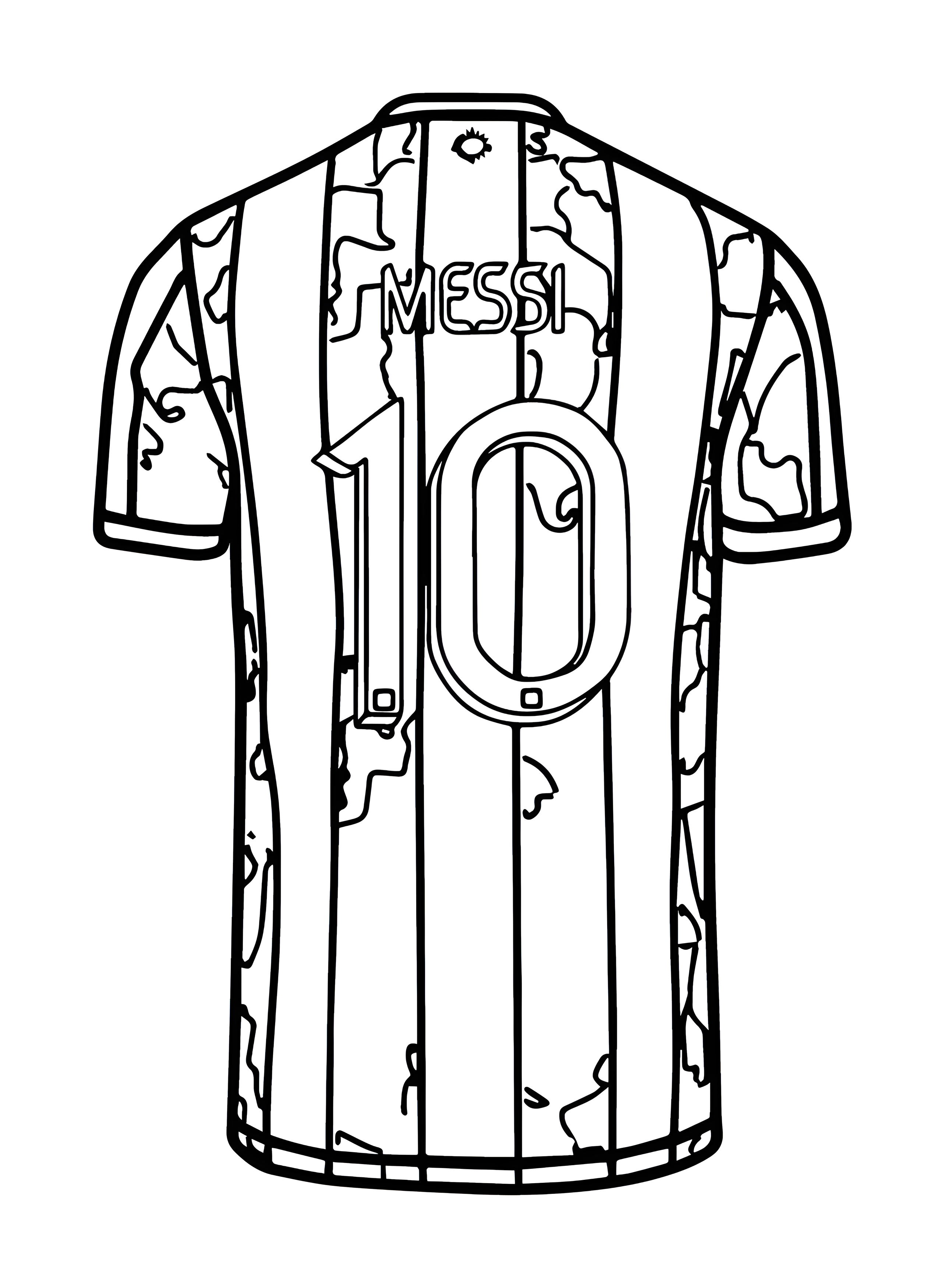 Bagian belakang jersey Lionel Messi bertuliskan Messi dan nomor 10, dengan pola garis dan motif pada lengan untuk diwarnai.