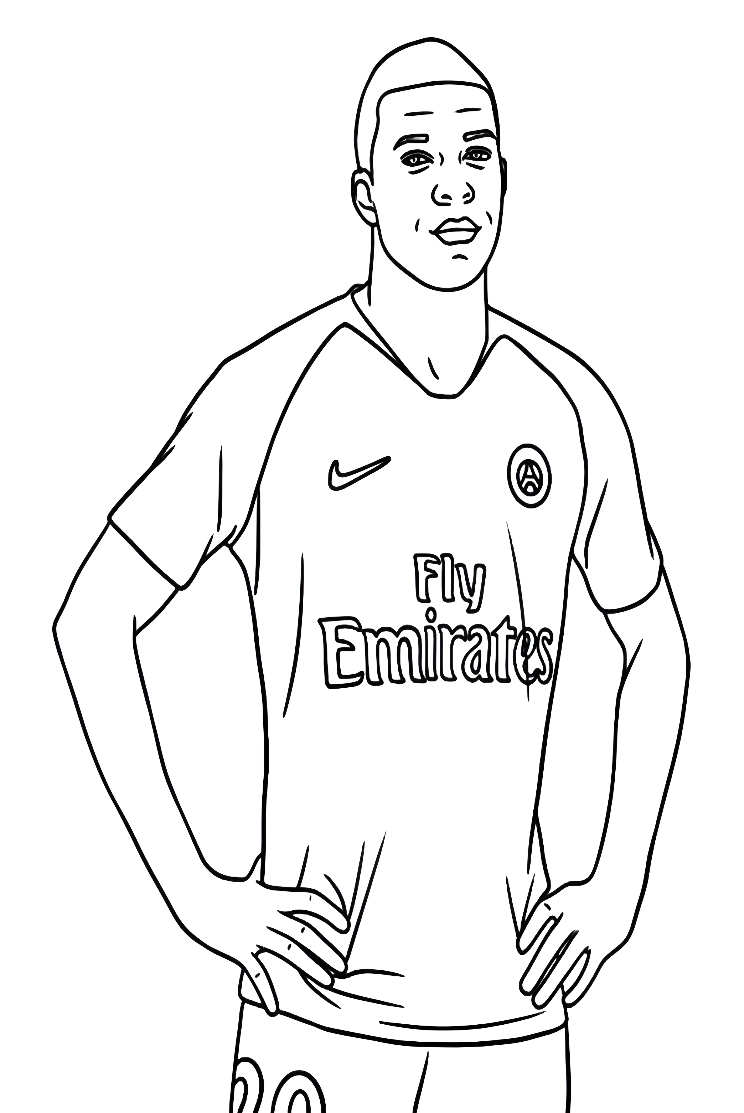 Kylian Mbappé berdiri dengan kedua tangan di pinggang, memakai jersey PSG bertuliskan Fly Emirates untuk diwarnai.