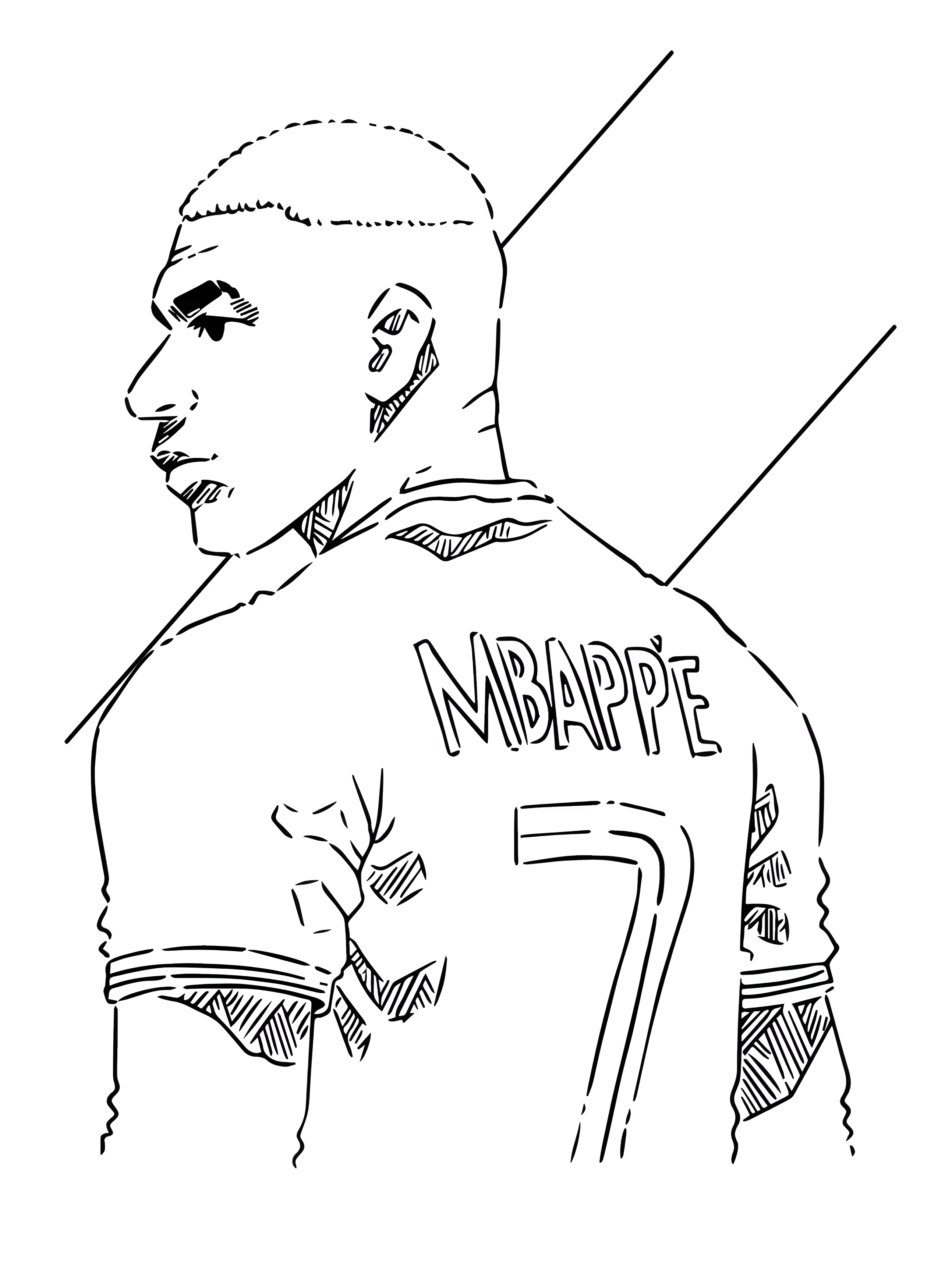 Kylian Mbappé dilihat dari samping dan belakang, dengan nama Mbappé serta nomor 7 pada jersey untuk diwarnai.