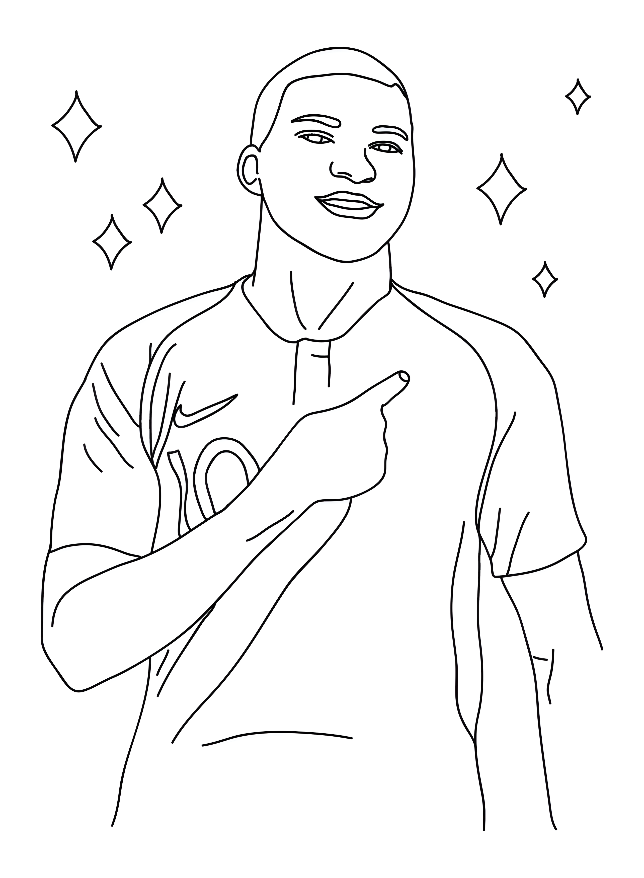 Kylian Mbappé tersenyum sambil menunjuk dengan satu jari ke samping, dengan kilau bintang di sekelilingnya untuk diwarnai.