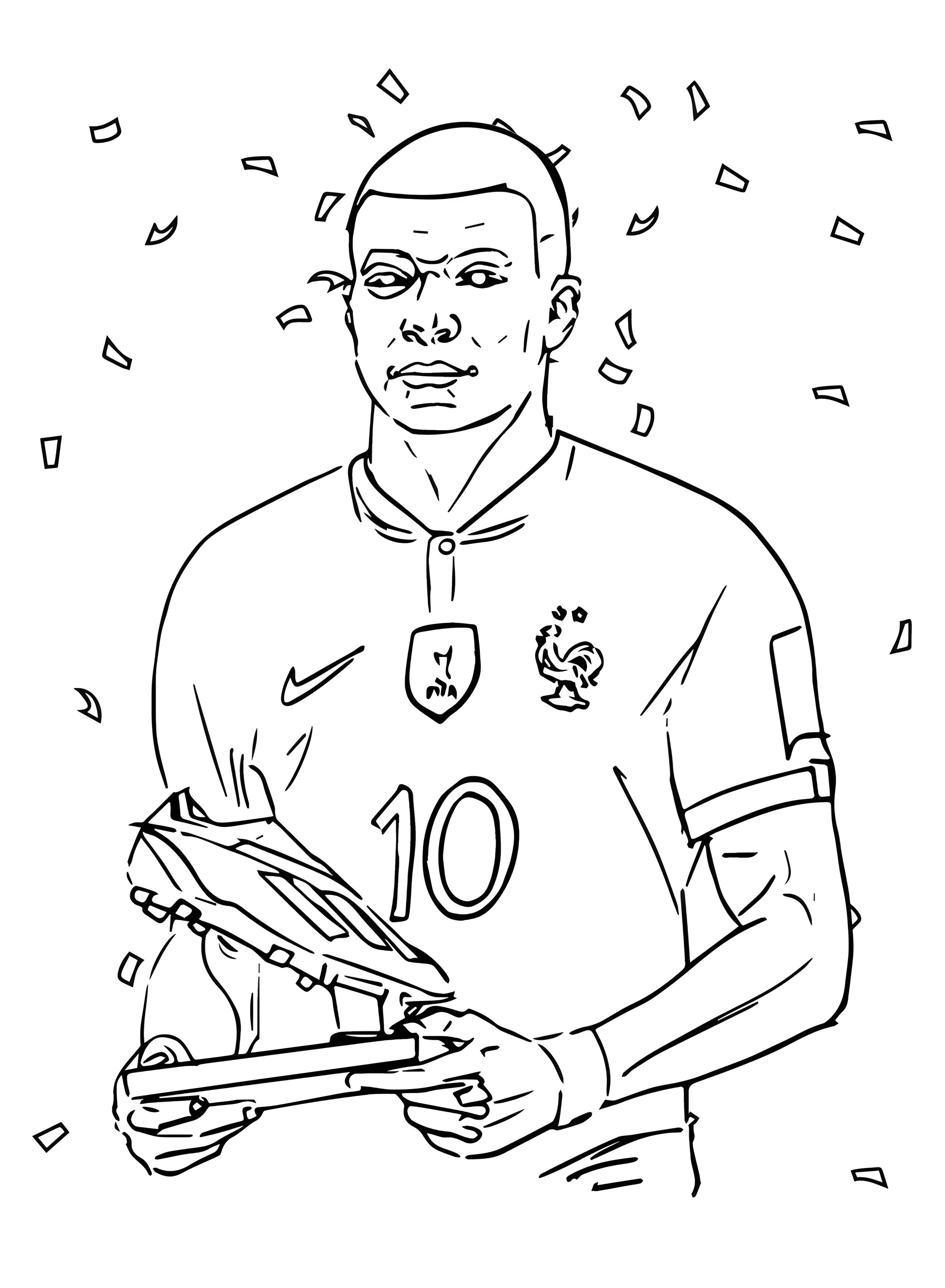 Kylian Mbappé memegang trofi berbentuk sepatu dengan jersey Prancis nomor 10 dan konfeti di belakangnya untuk diwarnai.