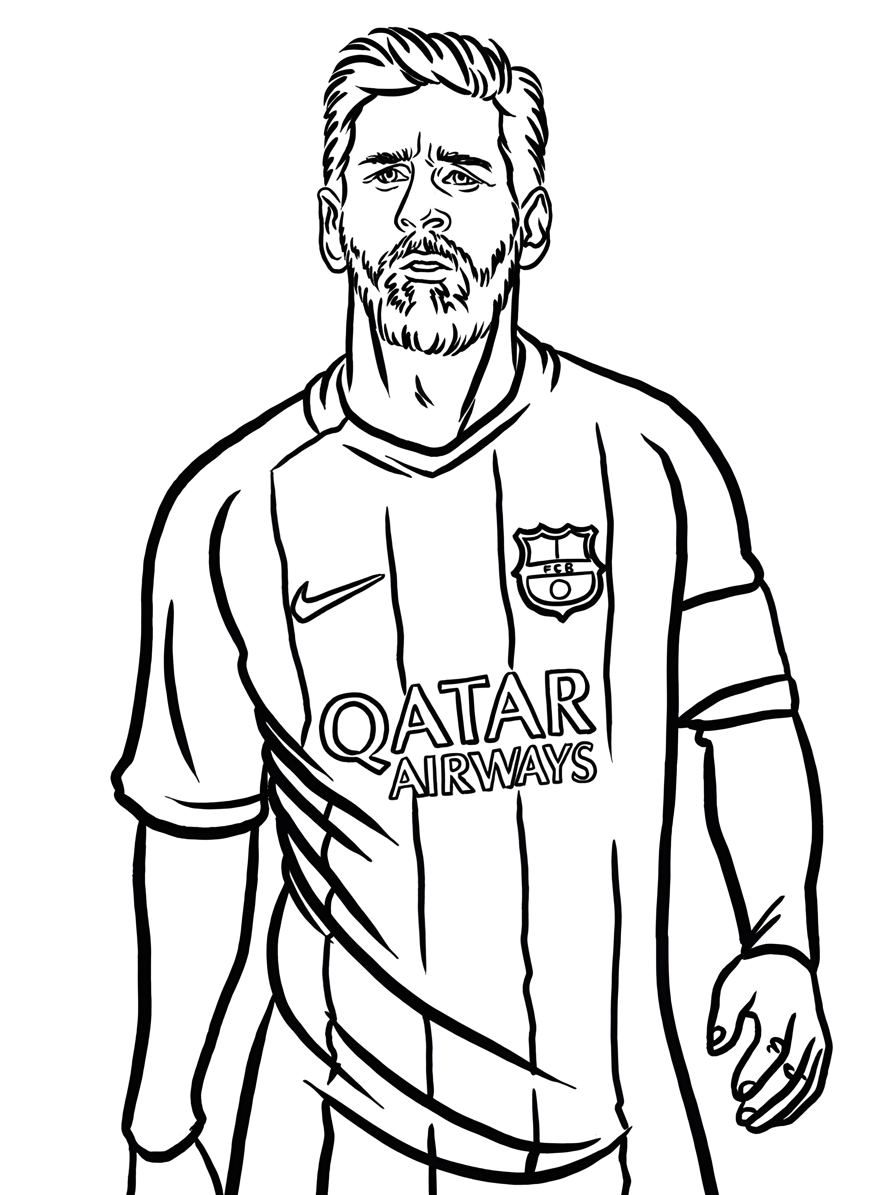 Lionel Messi berdiri dengan jersey Barcelona berlambang klub dan tulisan Qatar Airways dalam gambar mewarnai.