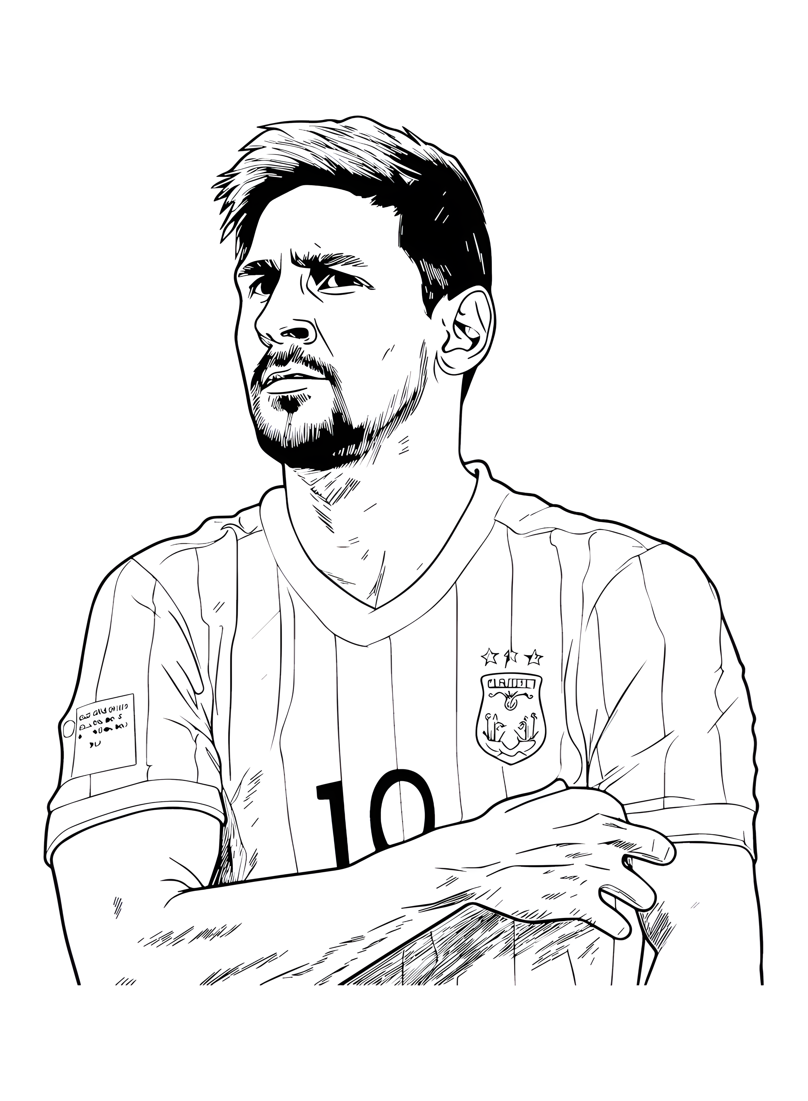 Lionel Messi bertumpu pada kedua lengan dengan jersey Argentina bernomor 10 dalam gambar mewarnai.