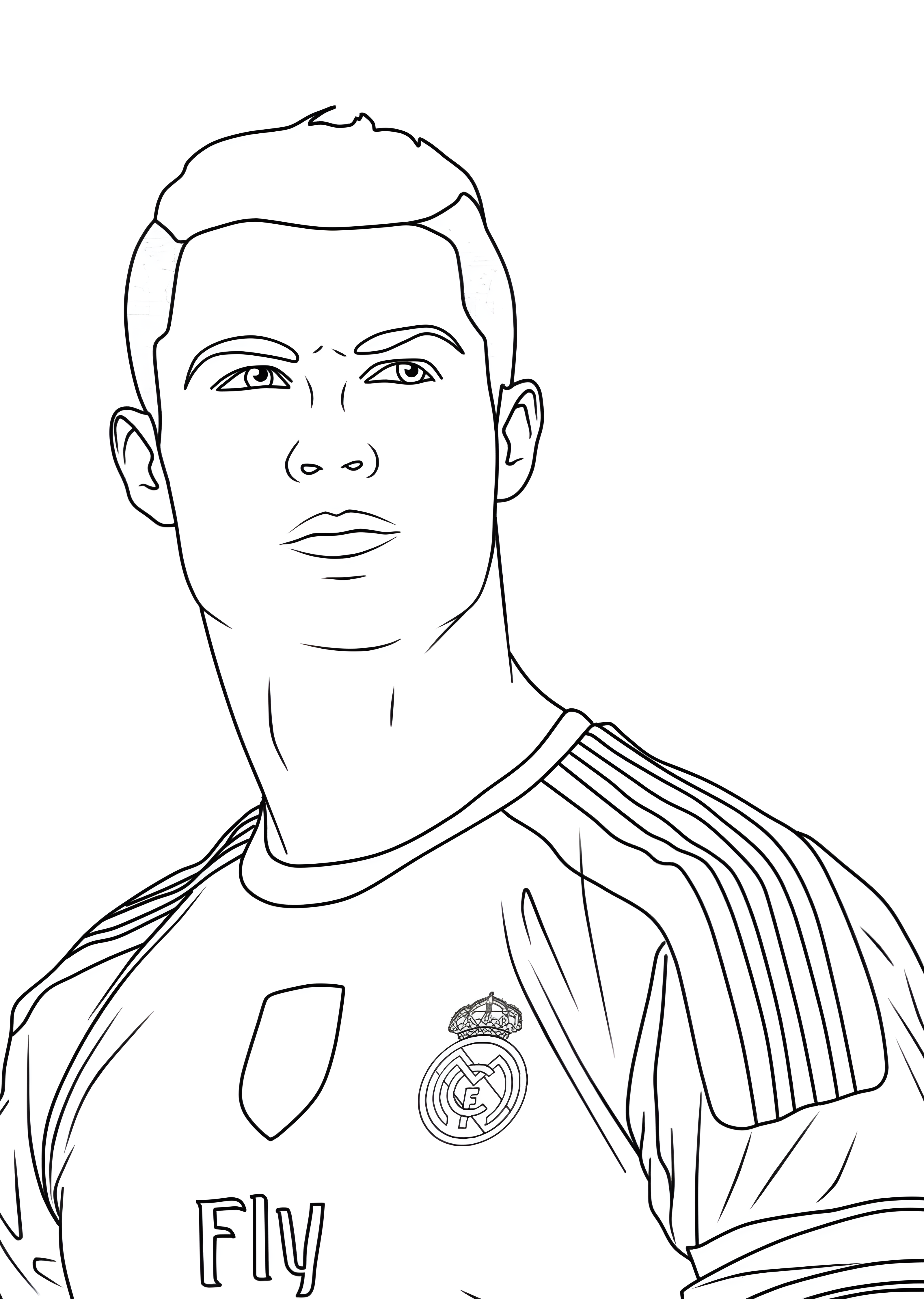 Potret depan Cristiano Ronaldo dengan lambang Real Madrid dan garis pada bahu jersey untuk diwarnai.